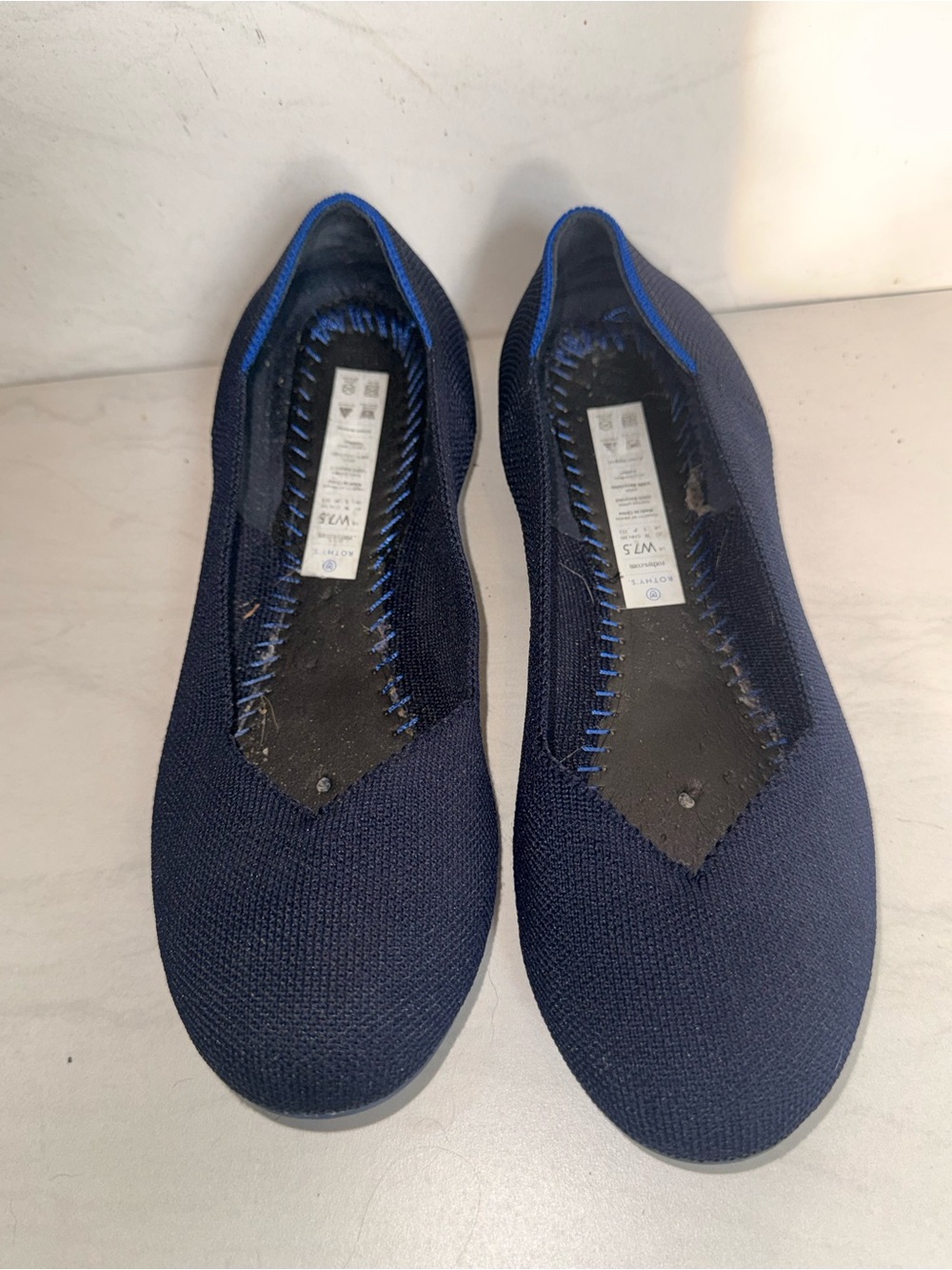 Worn Rothy's Navy Knit Slip-On Flats with Royal Trim